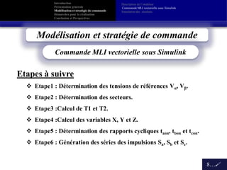 Introduction
Présentation générale
Modélisation et stratégie de commande
Démarches pour la réalisation
Conclusion et Perspectives
Description de l’onduleur
Commande MLI vectorielle sous Simulink
Simulation des résultats
8…
Etapes à suivre
 Etape1 : Détermination des tensions de références Vα, Vβ.
 Etape2 : Détermination des secteurs.
 Etape3 :Calcul de T1 et T2.
 Etape4 :Calcul des variables X, Y et Z.
 Etape5 : Détermination des rapports cycliques taon, tbon et tcon.
 Etape6 : Génération des séries des impulsions Sa, Sb et Sc.
Modélisation et stratégie de commande
Commande MLI vectorielle sous Simulink
 