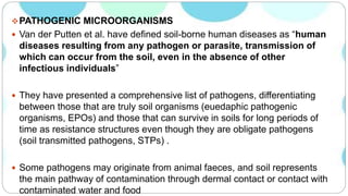 PATHOGENIC MICROORGANISMS
 Van der Putten et al. have defined soil-borne human diseases as “human
diseases resulting from any pathogen or parasite, transmission of
which can occur from the soil, even in the absence of other
infectious individuals”
 They have presented a comprehensive list of pathogens, differentiating
between those that are truly soil organisms (euedaphic pathogenic
organisms, EPOs) and those that can survive in soils for long periods of
time as resistance structures even though they are obligate pathogens
(soil transmitted pathogens, STPs) .
 Some pathogens may originate from animal faeces, and soil represents
the main pathway of contamination through dermal contact or contact with
contaminated water and food
 