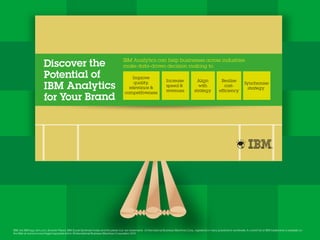 Discover the
Potential of
IBM Analytics
for Your Brand
IBM Analytics can help businesses across industries
make data-driven decision making to:
Increase
speed &
revenues
Align
with
strategy
Realise
cost-
efficiency
Synchronise
strategy
Improve
quality,
relevance &
competitiveness
IBM, the IBM logo, ibm.com, Smarter Planet, IBM Social Sentiment Index and the planet icon are trademarks of International Business Machines Corp., registered in many jurisdictions worldwide. A current list of IBM trademarks is available on
the Web at www.icm.com/legal/copytrade.shtml. ©International Business Machines Corporation 2015.
 