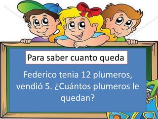 Federico tenia 12 plumeros,
vendió 5. ¿Cuántos plumeros le
quedan?
Para saber cuanto queda
 
