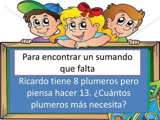 12 plumeros en total
5 ?
12 – 5 = 7
Ricardo tiene 8 plumeros pero
piensa hacer 13. ¿Cuántos
plumeros más necesita?
Para encontrar un sumando
que falta
 