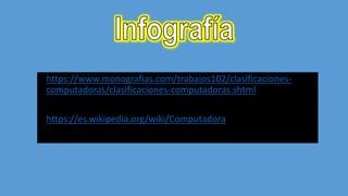 • https://www.monografias.com/trabajos102/clasificaciones-
computadoras/clasificaciones-computadoras.shtml
• https://es.wikipedia.org/wiki/Computadora
 