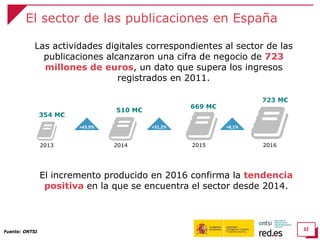 32
El sector de las publicaciones en España
Fuente: ONTSI
Las actividades digitales correspondientes al sector de las
publicaciones alcanzaron una cifra de negocio de 723
millones de euros, un dato que supera los ingresos
registrados en 2011.
El incremento producido en 2016 confirma la tendencia
positiva en la que se encuentra el sector desde 2014.
2014
510 M€
2015
669 M€
2013
354 M€
2016
723 M€
+43.9% +31,2% +8,1%
 