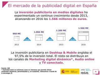 El mercado de la publicidad digital en España
36
Fuente: IAB
* Publicidad tanto en exteriores como en interiores que permite ofrecer
contenidos dinámicos, personalizados y, en ocasiones, interactivos a través de
la tecnología IP.
La inversión publicitaria en medios digitales ha
experimentado un continuo crecimiento desde 2013,
alcanzando en 2016 los 1.566 millones de euros.
La inversión publicitaria en Desktop & Mobile engloba el
97,5% de la inversión total. El resto se distribuye en
los canales de Marketing digital dinámico*, Audio online
y TV conectada.
2013
960 M€
2014
1.066 M€
2015
1.289 M€
2016
1.566 M€
+10,4% +20,9% +21,5%
 