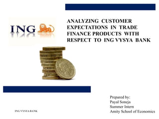 ANALYZING CUSTOMER
                 EXPECTATIONS IN TRADE
                 FINANCE PRODUCTS WITH
                 RESPECT TO ING VYSYA BANK




                             Prepared by:
                             Payal Soneja
                             Summer Intern
ING VYSYA BANK               Amity School of Economics
 