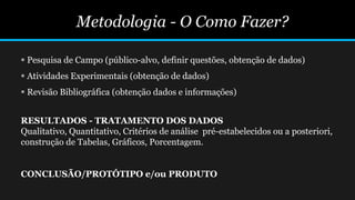 Metodologia - O Como Fazer?
 Pesquisa de Campo (público-alvo, definir questões, obtenção de dados)
 Atividades Experimentais (obtenção de dados)
 Revisão Bibliográfica (obtenção dados e informações)
RESULTADOS - TRATAMENTO DOS DADOS
Qualitativo, Quantitativo, Critérios de análise pré-estabelecidos ou a posteriori,
construção de Tabelas, Gráficos, Porcentagem.
CONCLUSÃO/PROTÓTIPO e/ou PRODUTO
 