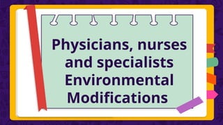 Physicians, nurses
and specialists
Environmental
Modifications
 
