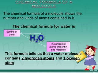 The chemical formula for water is
This formula tells us that a water molecule
contains 2 hydrogen atoms and 1 oxygen
atom
The chemical formula of a molecule shows the
number and kinds of atoms contained in it.
Symbol of
atom
The amount of
atoms present in
one molecule
 