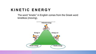 K I N E T I C E N E R G Y
The word “kinetic” in English comes from the Greek word
kinetikos (moving).
 