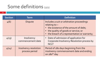 Some definitions (2/2)
24
Section Term Definition
4(6) Dispute Includes a suit or arbitration proceedings
relating to—
• the existence of the amount of debt;
• the quality of goods or service; or
• the breach of a representation or warranty;
4(13) Insolvency
commencement date
• Date of admission of application for
Corporate Insolvency Resolution process by
NCLT
4(14) Insolvency resolution
process period
Period of 180 days beginning from the
insolvency commencement date and ending
on 180th day
 