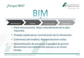 Introduccióna la metodología BIM– Ing.EmilioCamino-Ing.ArnoldoNavarrete
22
29/5/2020
¿Porque BIM?
Planificación Diseño Construcción Explotación
• (Fácil comunicación). Mejor entendimiento de la obra
requerida.
• (Trabajo colaborativo). Centralización de la información.
• (Coherencia del modelo). Representaciones reales.
• (Automatización de procesos). Capacidad de generar
documentos mas consistentes precisos y en menor
tiempo.
 