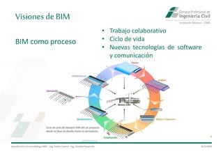 Visiones de BIM
Introduccióna la metodología BIM– Ing.EmilioCamino-Ing.ArnoldoNavarrete
8
29/5/2020
BIM como proceso
• Trabajo colaborativo
• Ciclo de vida
• Nuevas tecnologías de software
y comunicación
 