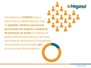 Essa disputa por clientes levou o
setor a buscar a diferenciação por meio
de agilidade, eficiência operacional,
preservação das margens e programas
de prevenção de perdas. Os sistemas de
gestão automatizaram processos que antes
eram feitos de forma manual. O investimento
em automação reduz em média 10%
os custos anuais de uma empresa.
 