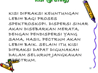 KISI DIFRAKSI KEUNTUNGAN
LEBIH BAGI PROSES
SPEKTROSKOPI. DISPERSI SINAR
AKAN DISEBARKAN MERATA,
DENGAN PENDISPERSI YANG
SAMA, HASIL PECTRUM AKAN
LEBIH BAIK. SELAIN ITU KISI
DIFRAKSI DAPAT DIGUNAKAN
DALAM SELURUH JANGKAUAN
SPECTRUM.
 Kisi (grating)Kisi (grating)
12
 