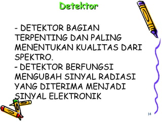 - DETEKTOR BAGIAN
TERPENTING DAN PALING
MENENTUKAN KUALITAS DARI
SPEKTRO.
- DETEKTOR BERFUNGSI
MENGUBAH SINYAL RADIASI
YANG DITERIMA MENJADI
SINYAL ELEKTRONIK
DetektorDetektor
14
 