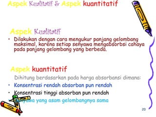 20
Aspek Kualitatif & Aspek kuantitatif
Aspek Kualitatif
• Dilakukan dengan cara mengukur panjang gelombang
maksimal, karena setiap senyawa mengabsorbsi cahaya
pada panjang gelombang yang berbeda.
Aspek kuantitatif
Dihitung berdasarkan pada harga absorbansi dimana:
• Konsentrasi rendah absorban pun rendah
• Konsentrasi tinggi absorban pun rendah
• Senyawa yang asam gelombangnya sama
 