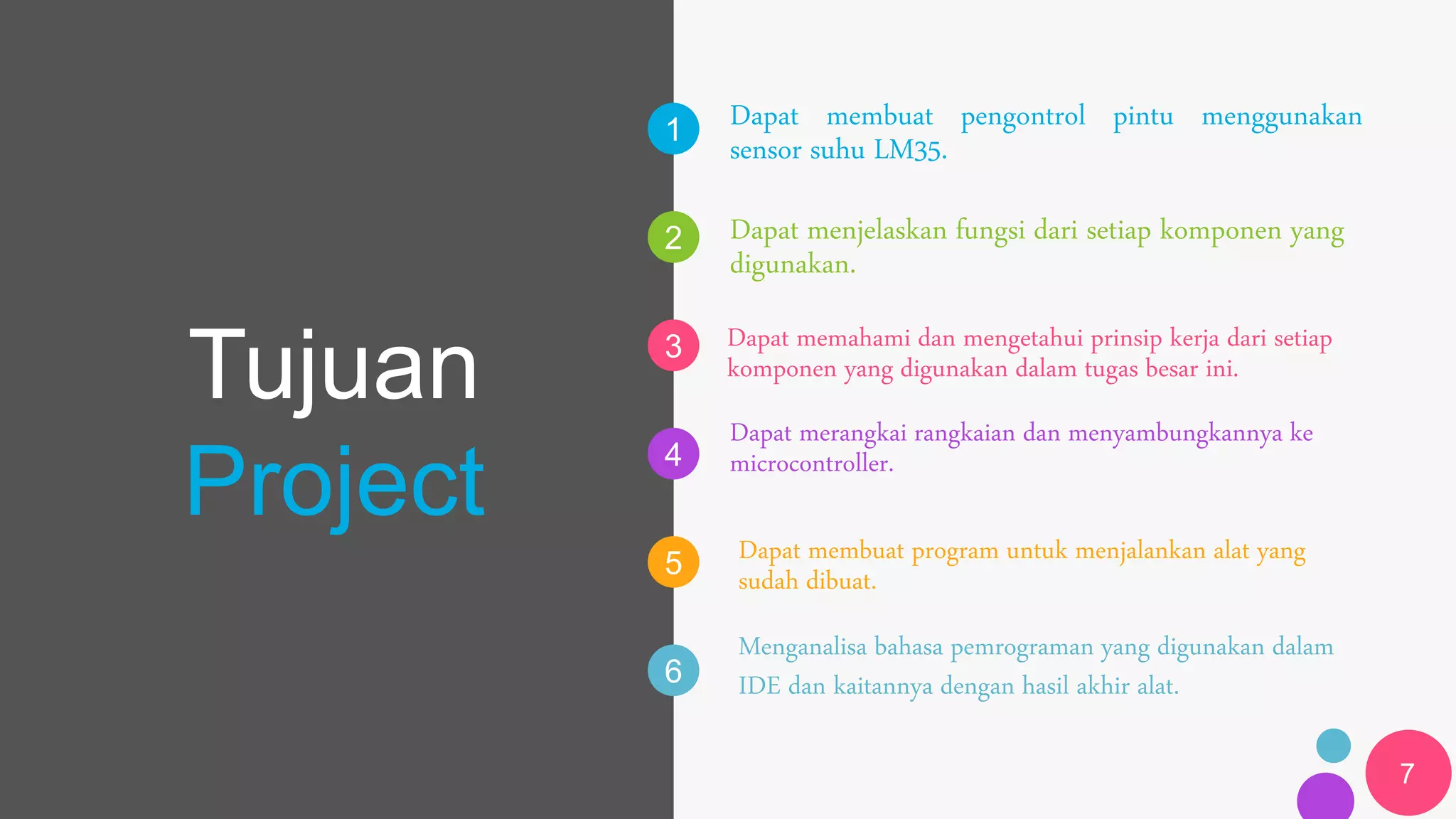 1
2
3
4
5
6
Tujuan
Project
Dapat membuat pengontrol pintu menggunakan
sensor suhu LM35.
Menganalisa bahasa pemrograman yang digunakan dalam
IDE dan kaitannya dengan hasil akhir alat.
Dapat menjelaskan fungsi dari setiap komponen yang
digunakan.
Dapat memahami dan mengetahui prinsip kerja dari setiap
komponen yang digunakan dalam tugas besar ini.
Dapat merangkai rangkaian dan menyambungkannya ke
microcontroller.
Dapat membuat program untuk menjalankan alat yang
sudah dibuat.
7
 
