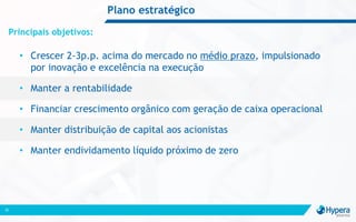 Plano estratégico
Principais objetivos:
32
• Crescer 2-3p.p. acima do mercado no médio prazo, impulsionado
por inovação e excelência na execução
• Manter a rentabilidade
• Financiar crescimento orgânico com geração de caixa operacional
• Manter distribuição de capital aos acionistas
• Manter endividamento líquido próximo de zero
 