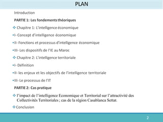 PLAN
Introduction
PARTIE 1: Les fondementsthéoriques
 Chapitre 1: L’intelligence économique
I- Concept d’intelligence économique
II- Fonctions et processus d’intelligence économique
III- Les dispositifs de l’IE au Maroc
 Chapitre 2: L’intelligence territoriale
I- Définition
II- les enjeux et les objectifs de l’intelligence territoriale
III- Le processus de l’IT
PARTIE 2: Cas pratique
 l’impact de l’intelligence Economique et Territorial sur l’attractivité des
Collectivités Territoriales ; cas de la région Casablanca Settat.
Conclusion
2
 