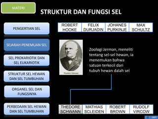 STRUKTUR DAN FUNGSI SEL 
Zoologi Jerman, meneliti 
tentang sel-sel hewan, ia 
menemukan bahwa 
satuan terkecil dari 
tubuh hewan dalah sel 
EXIT 
MATERI 
PENGERTIAN SEL 
SEJARAH PENEMUAN SEL 
SEL PROKARIOTIK DAN 
SEL EUKARIOTIK 
STRUKTUR SEL HEWAN 
DAN SEL TUMBUHAN 
ORGANEL SEL DAN 
FUNGSINYA 
PERBEDAAN SEL HEWAN 
DAN SEL TUMBUHAN 
FELIX 
DURJADIN 
RUDOLF 
VIRCOW 
ROBERT 
BROWN 
MATHIAS 
SCLEIDEN 
THEDORE 
SCHWANN 
MAX 
SCHULTZ 
JOHANES 
PURKINJE 
ROBERT 
HOOKE 
 
