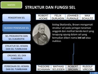 STRUKTUR DAN FUNGSI SEL 
biolog Skotlandia, Brown mengamati 
struktur sel pada jaringan tanaman 
anggrek dan melihat benda kecil yang 
terapung-apung dalam sel yang 
kemudian diberi nama inti sel atau 
nukleus. 
EXIT 
MATERI 
PENGERTIAN SEL 
SEJARAH PENEMUAN SEL 
SEL PROKARIOTIK DAN 
SEL EUKARIOTIK 
STRUKTUR SEL HEWAN 
DAN SEL TUMBUHAN 
ORGANEL SEL DAN 
FUNGSINYA 
PERBEDAAN SEL HEWAN 
DAN SEL TUMBUHAN 
FELIX 
DURJADIN 
RUDOLF 
VIRCOW 
ROBERT 
BROWN 
MATHIAS 
SCLEIDEN 
THEDORE 
SCHWANN 
MAX 
SCHULTZ 
JOHANES 
PURKINJE 
ROBERT 
HOOKE 
 