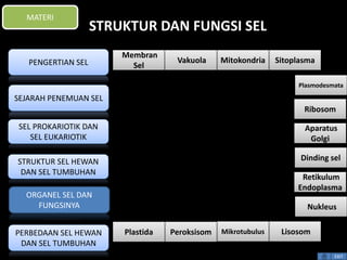 STRUKTUR DAN FUNGSI SEL 
Membran 
Sel 
Vakuola Mitokondria Sitoplasma 
Plasmodesmata 
Ribosom 
Aparatus 
Golgi 
Dinding sel 
Retikulum 
Endoplasma 
Nukleus 
Plastida Peroksisom Mikrotubulus Lisosom 
EXIT 
MATERI 
PENGERTIAN SEL 
SEJARAH PENEMUAN SEL 
SEL PROKARIOTIK DAN 
SEL EUKARIOTIK 
STRUKTUR SEL HEWAN 
DAN SEL TUMBUHAN 
ORGANEL SEL DAN 
FUNGSINYA 
PERBEDAAN SEL HEWAN 
DAN SEL TUMBUHAN 
 