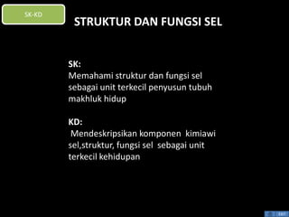 STRUKTUR DAN FUNGSI SEL 
SK-KD 
EXIT 
SK: 
Memahami struktur dan fungsi sel 
sebagai unit terkecil penyusun tubuh 
makhluk hidup 
KD: 
Mendeskripsikan komponen kimiawi 
sel,struktur, fungsi sel sebagai unit 
terkecil kehidupan 
 