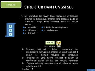 STRUKTUR DAN FUNGSI SEL 
Pembahasan: 
1) Ribosom, inti sel, retikulum endoplasma dan 
mitokondria merupakan organel sel yang terdapat di 
dalam sel hewan maupun sel tumbuhan. 
2) Organel sel yang hanya terdapat di dalam sel 
tumbuhan adalah plastida dan vakuola permanen 
3) Organel sel yang hanya terdapat di dalam sel hewan 
adalah sentriol 
Jawaban : A 
BENAR 
EXIT 
EVALUASI 
3. Sel tumbuhan dan hewan dapat dibedakan berdasarkan 
organel ya dimilikinya. Organel yang terdapat pada sel 
tumbuhan tetapi tidak terdapat pada sel hewan 
adalah... 
a. Plastida d. Retikulum endoplasma 
b. Ribosom e. mitokondria 
c. Inti sel 
1 
2 
3 
 