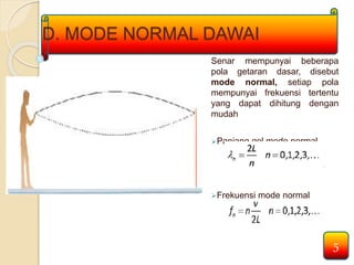 D. MODE NORMAL DAWAI 
Senar mempunyai beberapa 
pola getaran dasar, disebut 
mode normal, setiap pola 
mempunyai frekuensi tertentu 
yang dapat dihitung dengan 
mudah 
Panjang gel mode normal 
Frekuensi mode normal 
5 
 
