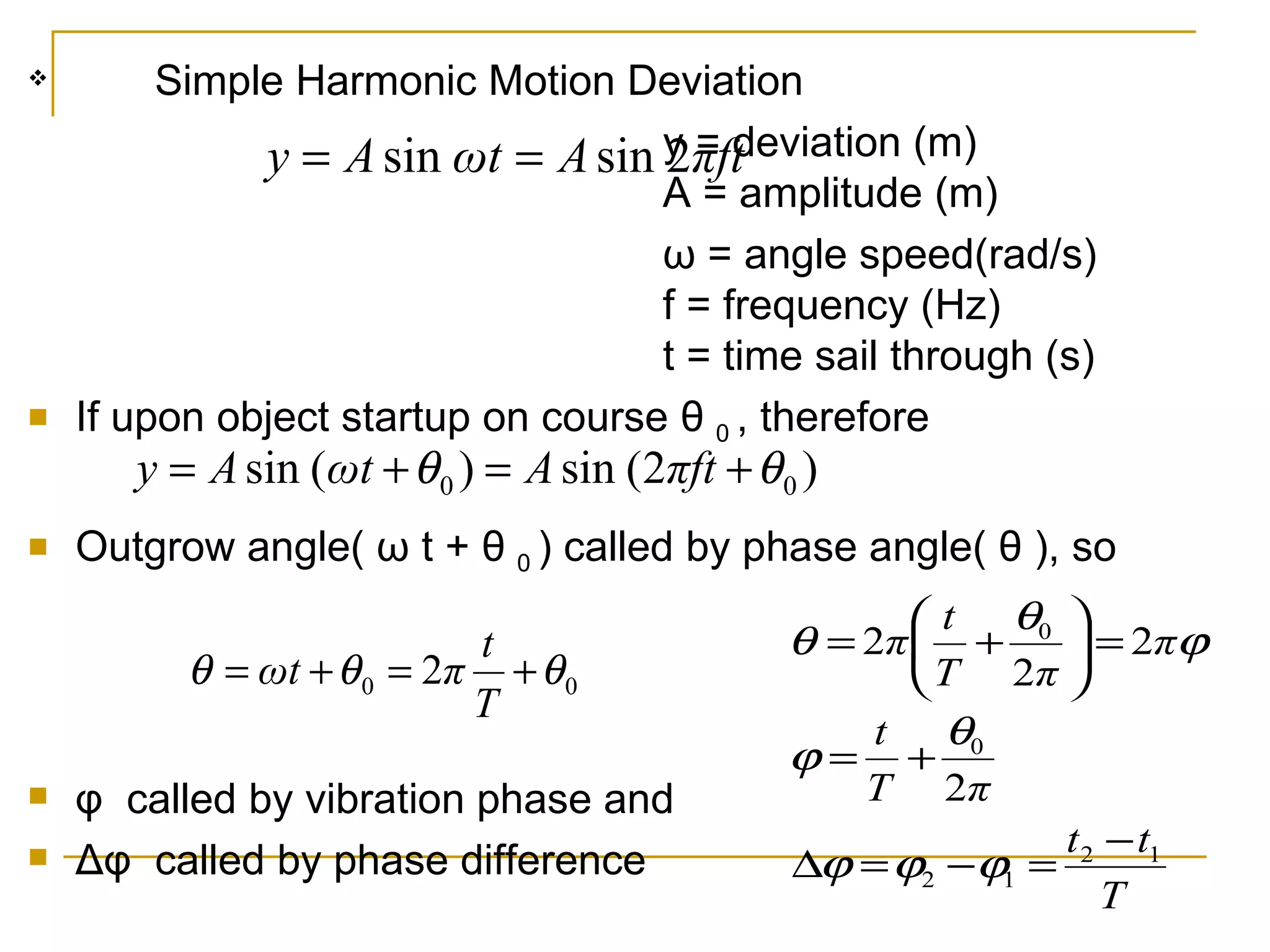 Simple Harmonic Motion  D eviation  y = deviation (m ) A = amplitude (m)  ω  = angle speed(ra d/s) f = frequenc y  (Hz)  t = time sail through (s)  If upon object startup on course  θ  0  , therefore  Outgrow angle(  ω  t +  θ  0  ) called by phase angle(  θ  ), so  φ  called by vibration phase and  Δφ  called by phase difference 