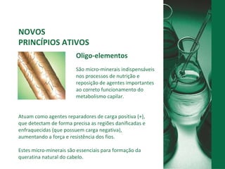 NOVOS  PRINCÍPIOS ATIVOS Atuam como agentes reparadores de carga positiva (+), que detectam de forma precisa as regiões danificadas e enfraquecidas (que possuem carga negativa), aumentando a força e resistência dos fios.  Estes micro-minerais são essenciais para formação da queratina natural do cabelo. Oligo-elementos  São micro-minerais indispensáveis nos processos de nutrição e reposição de agentes importantes ao correto funcionamento do metabolismo capilar.  