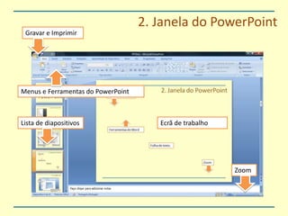 2. Janela do PowerPointGravar e ImprimirMenus e Ferramentas do PowerPointEcrã de trabalhoLista de diapositivosZoom