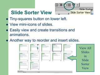 Slide Sorter View
 Tiny-squares button on lower left.
 View mini-icons of slides.
 Easily view and create transitions and
animations.
 Another way to reorder and insert slides.
View All
Slides
in
Slide
Sorter
View
 