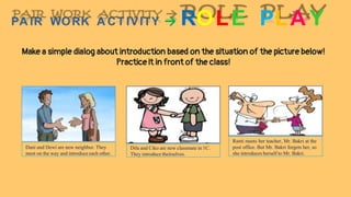 PA IR WORK A CT IVITY → ROLE PLA Y
Make a simple dialog about introduction based on the situation of the picture below!
Practice it in front of the class!
Dani and Dewi are new neighbor. They
meet on the way and introduce each other.
Ranti meets her teacher, Mr. Bakri at the
post office. But Mr. Bakri forgets her, so
she introduces herself to Mr. Bakri.
Dila and Ciko are new classmate in 1C.
They introduce theirselves.
 