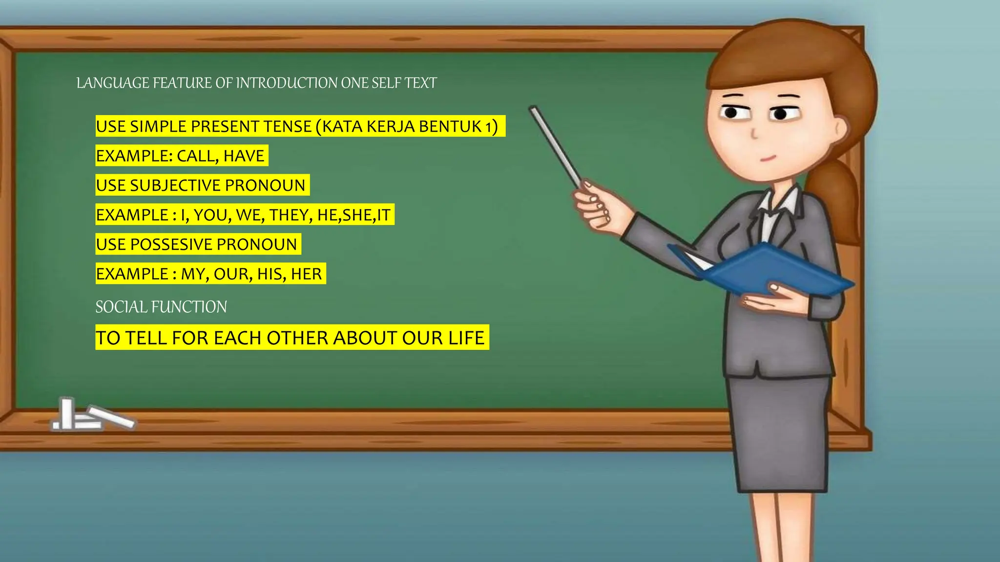 LANGUAGE FEATURE OF INTRODUCTION ONE SELF TEXT
USE SIMPLE PRESENT TENSE (KATA KERJA BENTUK 1)
EXAMPLE: CALL, HAVE
USE SUBJECTIVE PRONOUN
EXAMPLE : I, YOU, WE, THEY, HE,SHE,IT
USE POSSESIVE PRONOUN
EXAMPLE : MY, OUR, HIS, HER
SOCIAL FUNCTION
TO TELL FOR EACH OTHER ABOUT OUR LIFE
 