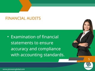FINANCIAL AUDITS
5
• Examination of financial
statements to ensure
accuracy and compliance
with accounting standards.
 