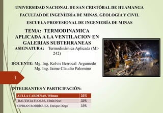 1
UNIVERSIDAD NACIONAL DE SAN CRISTÓBAL DE HUAMANGA
FACULTAD DE INGENIERÍA DE MINAS, GEOLOGÍAY CIVIL
ESCUELA PROFESIONAL DE INGENIERÍA DE MINAS
TEMA: TERMODINAMICA
APLICADA A LA VENTILACION EN
GALERIAS SUBTERRANEAS
ASIGNATURA: Termodinámica Aplicada (MI-
242)
DOCENTE: Mg. Ing. Kelvis Berrocal Argumedo
Mg. Ing. Jaime Claudio Palomino
INTEGRANTES Y PARTICIPACIÓN:
 