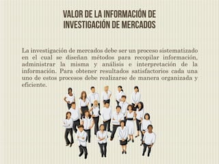 Valor de la información de
              investigación de mercados

La investigación de mercados debe ser un proceso sistematizado
en el cual se diseñan métodos para recopilar información,
administrar la misma y análisis e interpretación de la
información. Para obtener resultados satisfactorios cada una
uno de estos procesos debe realizarse de manera organizada y
eficiente.
 
