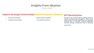 Insights From Ideation
Explore Strategic Partnerships
Innovate Payment Solutions API Monetization
 Fintech Partnerships
 Corporate Partnerships
• Digital Payment Systems
• Cross-Border Payments
• The bank can monetize API by offering them to
Fintech Company and developers. These allow
third parties to build application that leverage
banking data or services, creating additional
revenue through transaction fees or licensing
agreement.
 