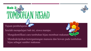 Bab 2 
TUMBUHAN HIJAU 
Tujuan pembelajaran 
Setelah mempelajari bab ini, siswa mampu: 
1. Mengidentifikasi cara tumbuhan hijau membuat makanan 
2. Mendeskripsikan ketergantungan manusia dan hewan pada tumbuhan 
hijau sebagai sumber makanan 
 