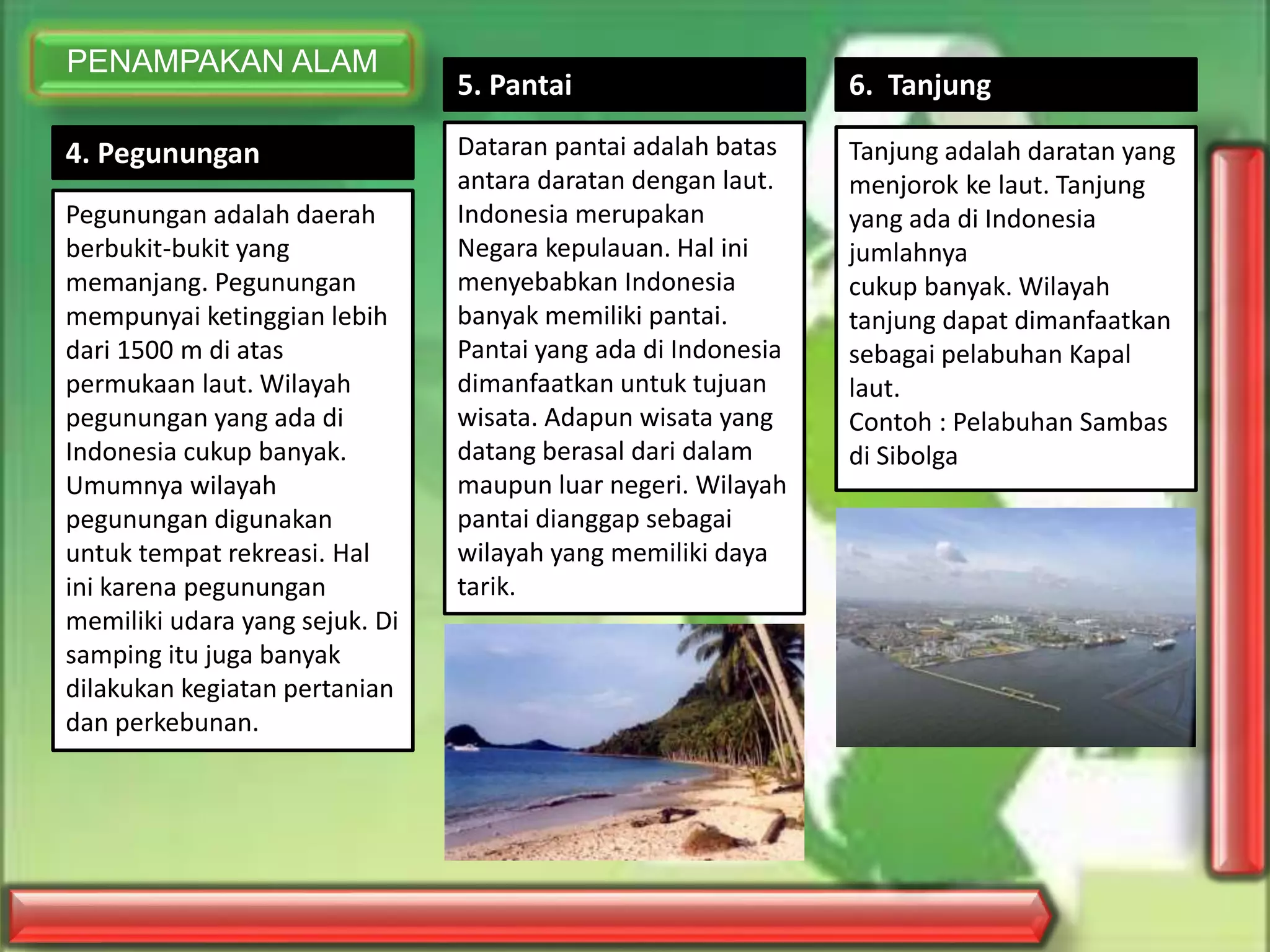 PENAMPAKAN ALAM
4. Pegunungan
Pegunungan adalah daerah
berbukit-bukit yang
memanjang. Pegunungan
mempunyai ketinggian lebih
dari 1500 m di atas
permukaan laut. Wilayah
pegunungan yang ada di
Indonesia cukup banyak.
Umumnya wilayah
pegunungan digunakan
untuk tempat rekreasi. Hal
ini karena pegunungan
memiliki udara yang sejuk. Di
samping itu juga banyak
dilakukan kegiatan pertanian
dan perkebunan.
5. Pantai
Dataran pantai adalah batas
antara daratan dengan laut.
Indonesia merupakan
Negara kepulauan. Hal ini
menyebabkan Indonesia
banyak memiliki pantai.
Pantai yang ada di Indonesia
dimanfaatkan untuk tujuan
wisata. Adapun wisata yang
datang berasal dari dalam
maupun luar negeri. Wilayah
pantai dianggap sebagai
wilayah yang memiliki daya
tarik.
6. Tanjung
Tanjung adalah daratan yang
menjorok ke laut. Tanjung
yang ada di Indonesia
jumlahnya
cukup banyak. Wilayah
tanjung dapat dimanfaatkan
sebagai pelabuhan Kapal
laut.
Contoh : Pelabuhan Sambas
di Sibolga
 