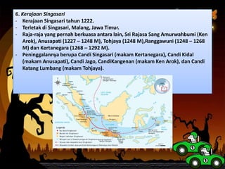 6. Kerajaan Singasari
- Kerajaan Singasari tahun 1222.
- Terletak di Singasari, Malang, Jawa Timur.
- Raja-raja yang pernah berkuasa antara lain, Sri Rajasa Sang Amurwahbumi (Ken
Arok), Anusapati (1227 – 1248 M), Tohjaya (1248 M),Ranggawuni (1248 – 1268
M) dan Kertanegara (1268 – 1292 M).
- Peninggalannya berupa Candi Singasari (makam Kertanegara), Candi Kidal
(makam Anusapati), Candi Jago, CandiKangenan (makam Ken Arok), dan Candi
Katang Lumbang (makam Tohjaya).
 