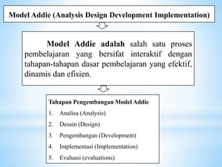 Model Addie (Analysis Design Development Implementation)
Model Addie adalah salah satu proses
pembelajaran yang bersifat interaktif dengan
tahapan-tahapan dasar pembelajaran yang efektif,
dinamis dan efisien.
Tahapan Pengembangan Model Addie
1. Analisa (Analysis)
2. Desain (Design)
3. Pengembangan (Development)
4. Implementasi (Implementation)
5. Evaluasi (evaluations)
 