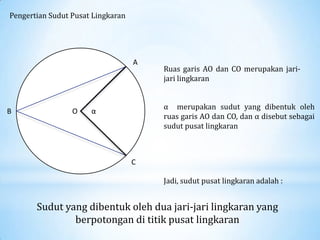 Pengertian Sudut Pusat Lingkaran




                                   A
                                       Ruas garis AO dan CO merupakan jari-
                                       jari lingkaran


                                       α merupakan sudut yang dibentuk oleh
B                O    α
                                       ruas garis AO dan CO, dan α disebut sebagai
                                       sudut pusat lingkaran



                                   C

                                       Jadi, sudut pusat lingkaran adalah :


       Sudut yang dibentuk oleh dua jari-jari lingkaran yang
               berpotongan di titik pusat lingkaran
 