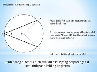 Pengertian Sudut keliling Lingkaran




                                      A
                                          Ruas garis AB dan CB merupakan tali
                                          busur lingkaran


                                          β merupakan sudut yang dibentuk oleh
B          β         O
                                          ruas garis AB dan CB, dan β disebut sebagai
                                          sudut keliling lingkaran



                                      C

                                          Jadi, sudut keliling lingkaran adalah :


      Sudut yang dibentuk oleh dua tali busur yang berpotongan di
                    satu titik pada keliling lingkaran
 