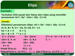 Elips 
Contoh: 
Tentukan titik pusat dan fokus dari elips yang memiliki 
persamaan 4x2+ 9y2 -16x+ 18y -11=0. 
Jawab: 
Diketahui persamaan elips: 4x2+ 9y2 -16x+ 18y -11=0. 
A=4, B= 9, C= -16, D=18, E= -11 
b2 = A = 4 b Û 
= 2 
A2 = B = 9 Û a = 3 
C = -2 b2m D= -2a2m C2= a2 –b2 = 9 -4 = 5 
-16=-2. 4. m 18= -2. 9.n C = 
-16= -8m 18= -18n 
2= m -1 = n 
Pusat P(m,n) Û 
P(2, -1) 
FokusF2(m-c, n)=F2 dan F2(m+c, n)=F2 
(2 - 5, -1) (2 + 5, - 1) 
Hal.: 26 IRISAN KERUCUT Adaptif 
 