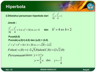 Hiperbola 
2.Diketahui persamaan hiperbola dari 
Jawab : 
x 2 + y 2 
= 1 Þ a 2 
= 16 Û a = 4 
dan 
b2 = 4Û b = 2 
16 4 
Pusat(0,0) 
Puncak(-a,0)=(-4,0) dan (a,0) = (4,0) 
1 
2 2 
x + y = 
16 4 
c2 = a2 + b2 = 16 + 4 = 20 Û c = 20 = 2 2 
Fokus(-c,0) = (-2 5,0)dan(C,0) = (2 2,0) 
Persamaana sin tot : y = ± b 
x a 
= 2 dan 
y x 
3 
y = - 2 
4 
Hal.: 53 IRISAN KERUCUT Adaptif 
 