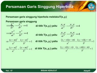 Persamaan Garis Singgung Hiperbola 
Persamaan garis singgung hiperbola melelaluiT(x1,y1) 
Persamaan garis singgung 
di titik T(x1,y1) yaitu 
di titik T(x1,y1) yaitu 
y y 
x x 
1 - = 
1 2 
1 
2 
b 
a 
2 
2 
- = 
1 2 
2 
y 
b 
x 
2 
x 
a 
y 
Þ - = 
1 2 
2 
2 
y n 
Þ 
2 
2 
a 
x m 
b 
Þ - - - = 
( ) ( ) 1 
2 
2 
b 
a 
x x 
y y 
1 - = 
1 2 
1 
2 
b 
a 
y n y n 
x x x m 
1 - - - - - = 
di titik T(x1,y1) yaitu ( )( ) ( )( ) 1 
2 
1 
2 
b 
a 
x m x m 
di titik T(x y n y n 1,y1) yaitu 
1 - - - - - = 
y n 2 
x m 
2 
( )( ) ( )( ) 1 
Þ - - - = 
( ) ( ) 1 
2 
2 
b 
a 
2 
1 
2 
b 
a 
Hal.: 57 IRISAN KERUCUT Adaptif 
 
