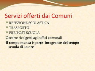 Servizi offerti dai Comuni
REFEZIONE SCOLASTICA
TRASPORTO
PRE/POST SCUOLA
Occorre rivolgersi agli uffici comunali
Il tempo mensa è parte integrante del tempo
scuola di 40 ore

 