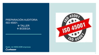 1
PREPARACIÓN AUDITORIA
ISO 45001.
 TALLER
 BODEGA
Depto. de HSEQ KDM empresas
 